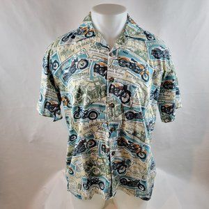 Dem Crazy Shirt Mens Medium Blue Button Up Camp Motorcycle Road Trip Travel